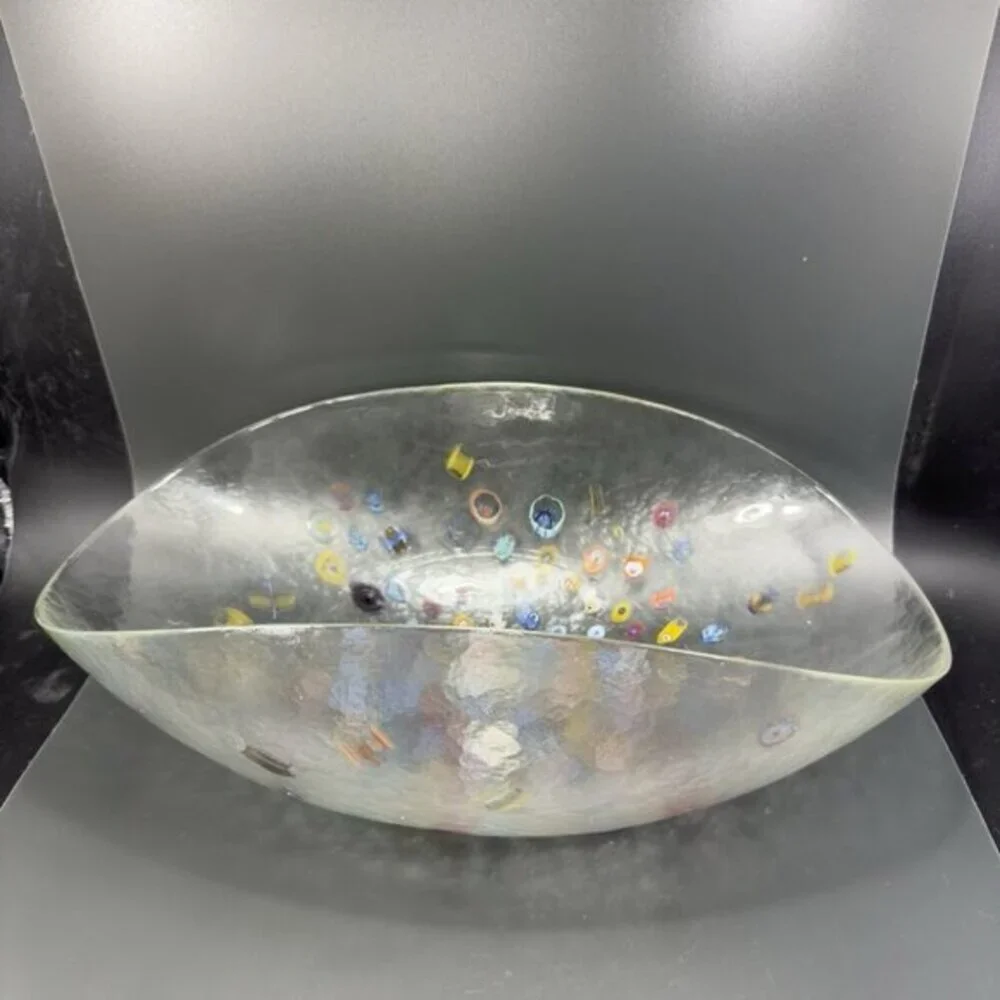 Murano‎ Venetian Art Glass Folded Dish Bowl Clear W Millefiori Original Label